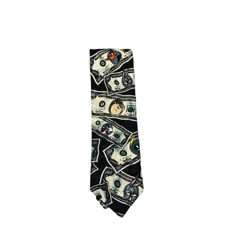Vintage 1995 Looney Tunes Mania Dollar Bills Neck Tie